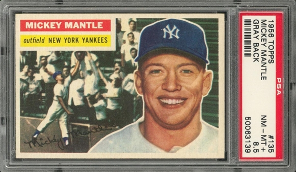1956 Topps #135 Mickey Mantle, Gray Back – PSA NM-MT+ 8.5